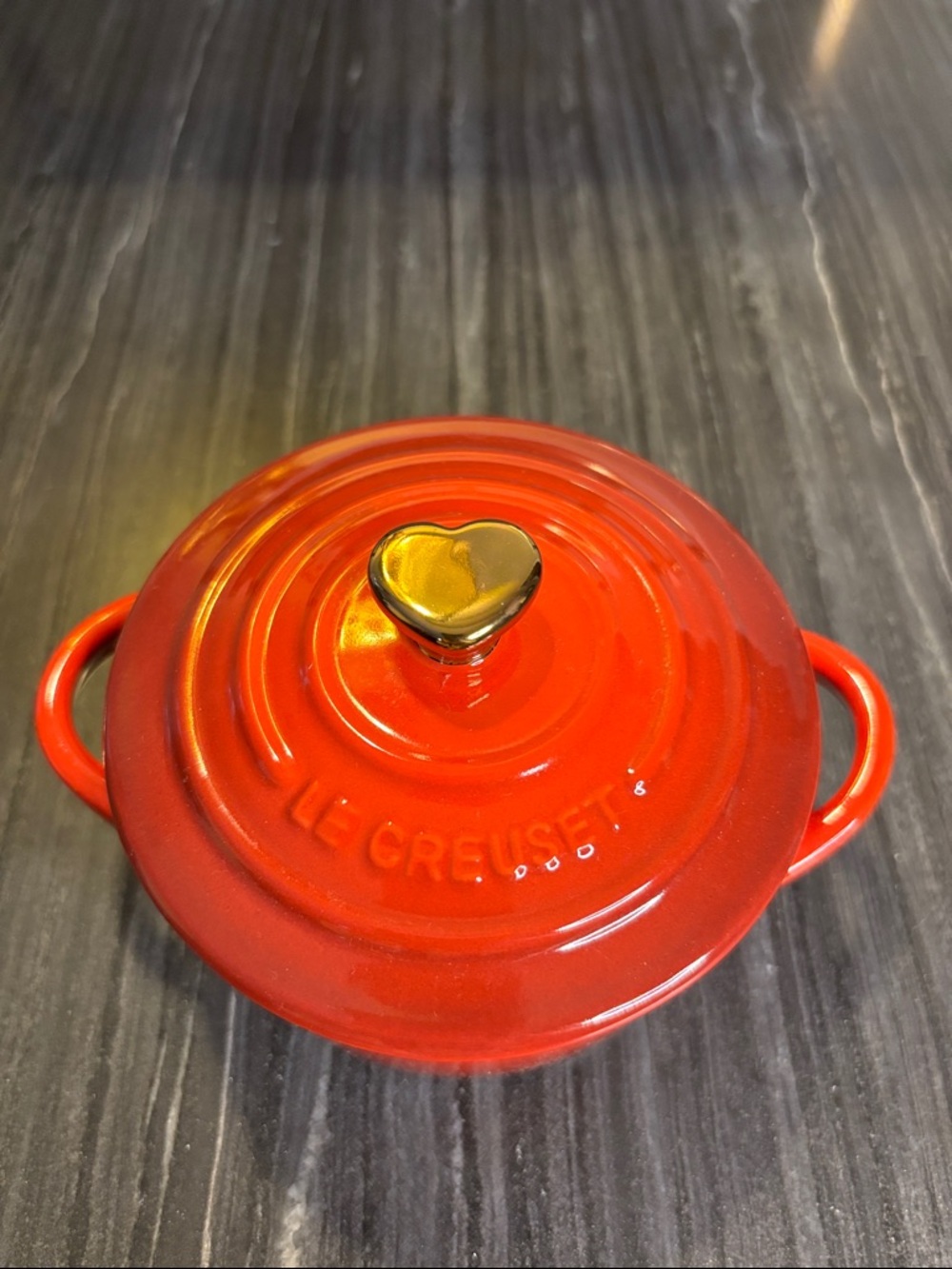 Le Creuset mini cocotte ceramic red gold heart knob NWT NIB